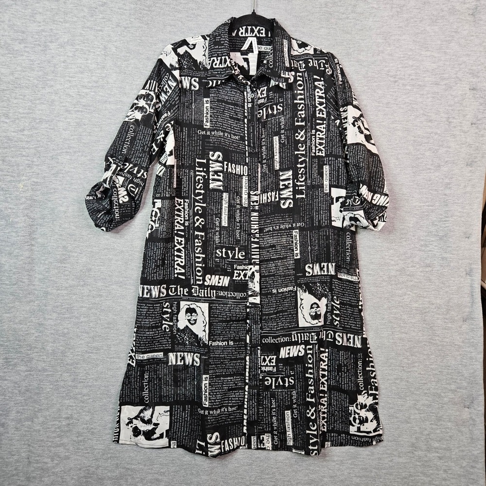 Live 4 Truth Newspaper Print Shirt Dress Black White Long Sleeve Tunic Sz S